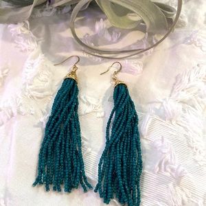 Turquoise Aqua Gold Seed Beaded Long Tassel Dangle Earrings Multi Strand